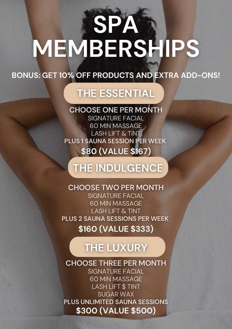 Spa membership packages with monthly facials, massages, and sauna sessions offered.