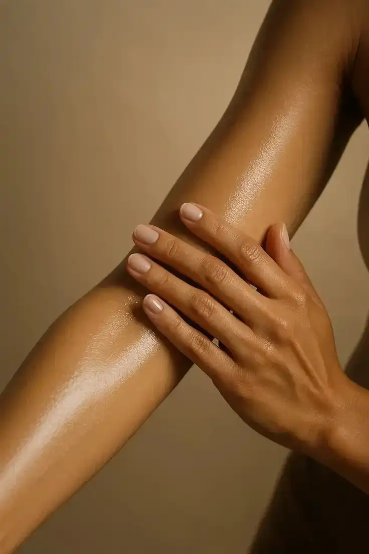 Close-up of well-moisturized skin on an arm, with a hand gently touching it.
